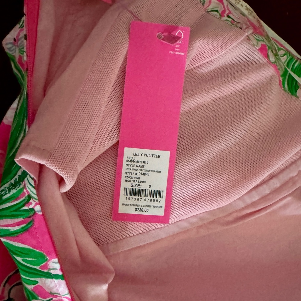 🆕 Lilly Pulitzer Stella Strapless Dress Roxie Pink Green Bow Fitted XS 0 - Picture 8 of 9
